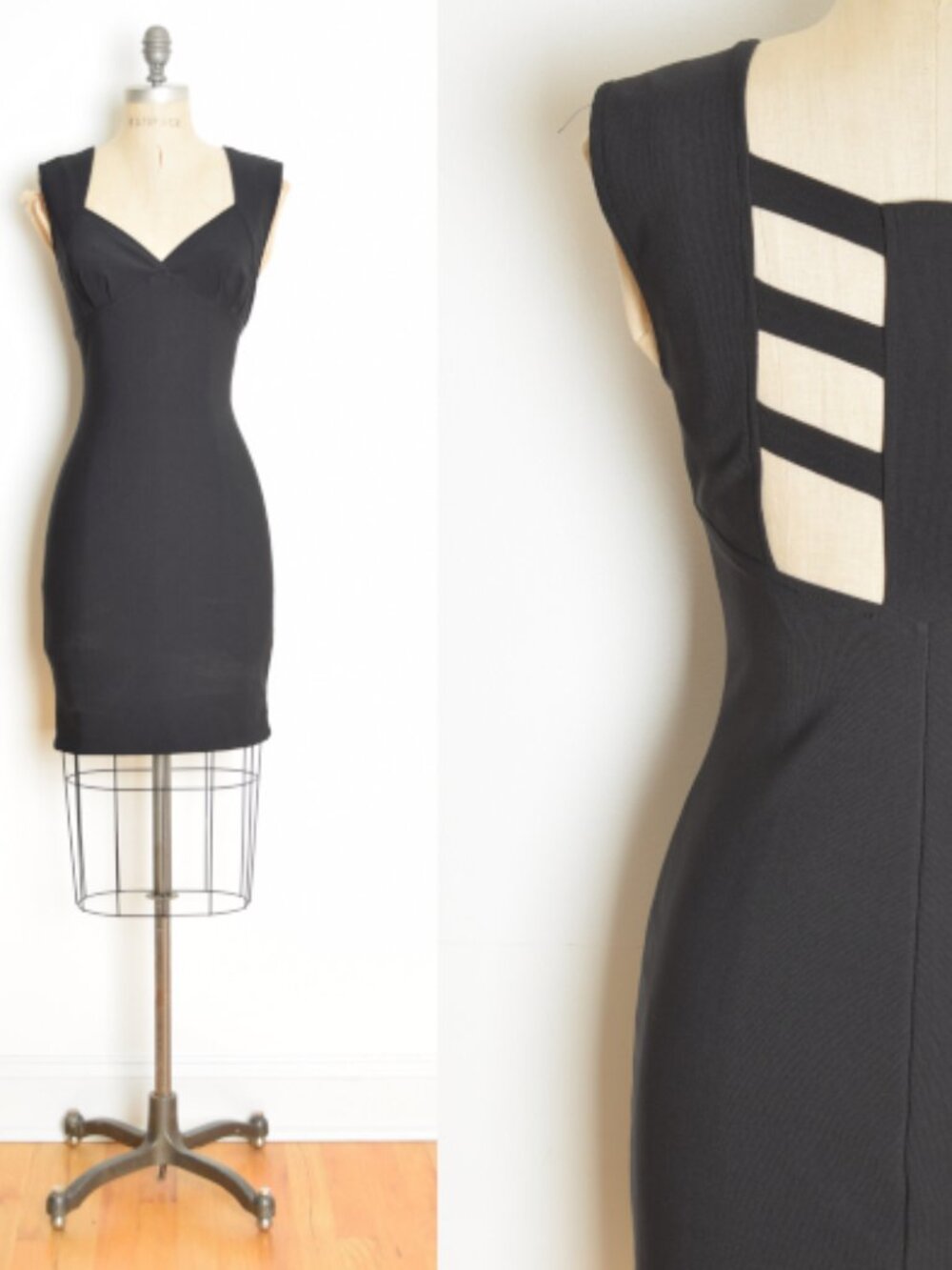 vintage 90s dress black knit strappy cage cutout bandage cocktail party mini M